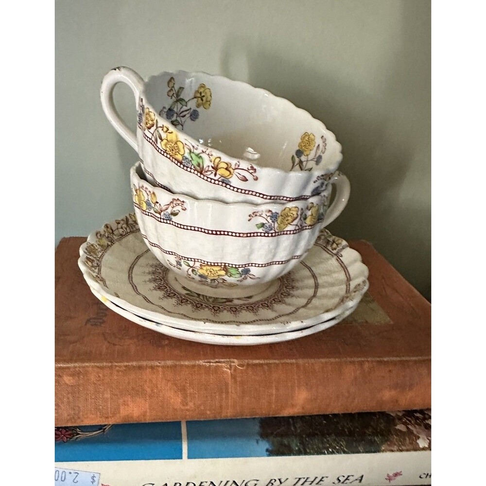 Copeland Spode England Buttercup Cups And Saucers 2 Old Back Stamps Cottagecore
